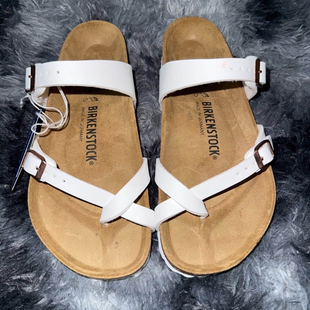 Birkenstock White Sandals with Adjustable Straps and Cork Footbed